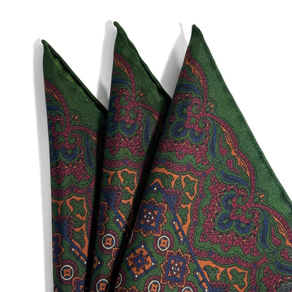 Forest Green & Bronze Geometric Ancient Madder Silk Pocket Square