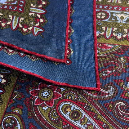 Navy Blue & Red Green Paisley Silk Pocket Square