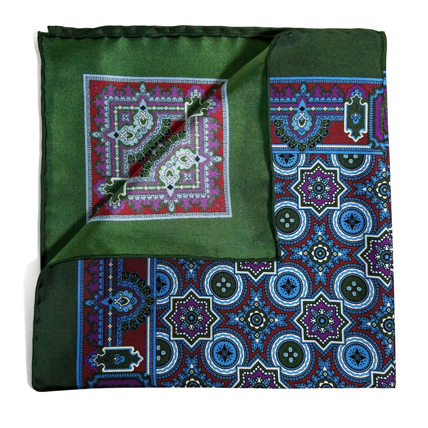 Green & Burgundy Geometric Silk Pocket Square