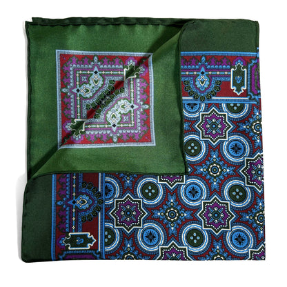 Green & Burgundy Geometric Silk Pocket Square