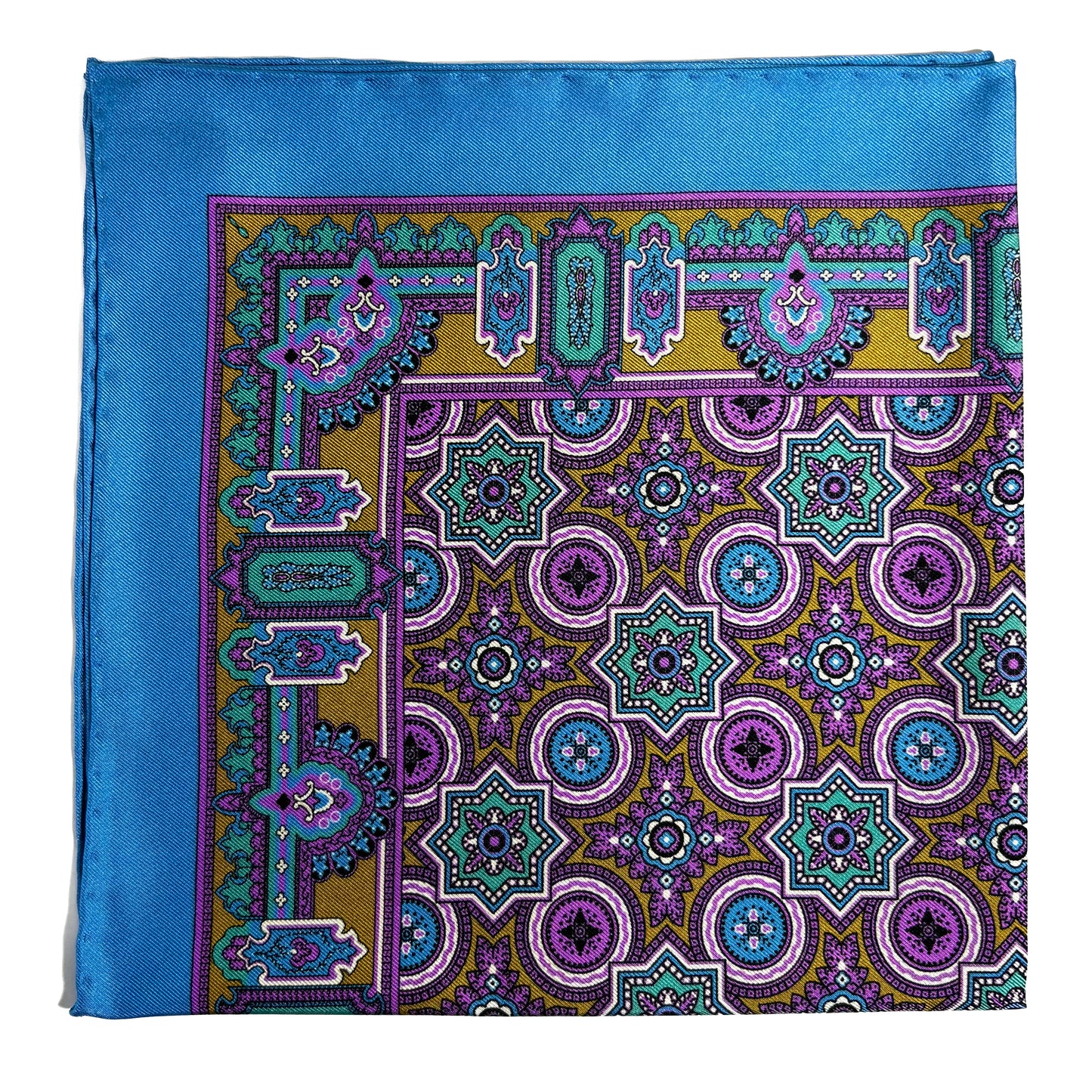 Light Blue & Gold Geometric Silk Pocket Square