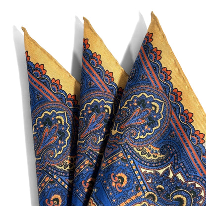 Egyptian Blue & Cream Floral Motif Ancient Madder Silk Pocket Square