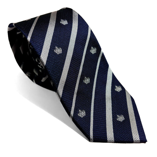 Navy Blue & Silver Regimental Stripe Jacquard Silk Tie w/ Crown Motif