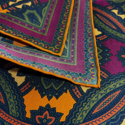 Purple & Gold Large Medallion Silk Pocket Square