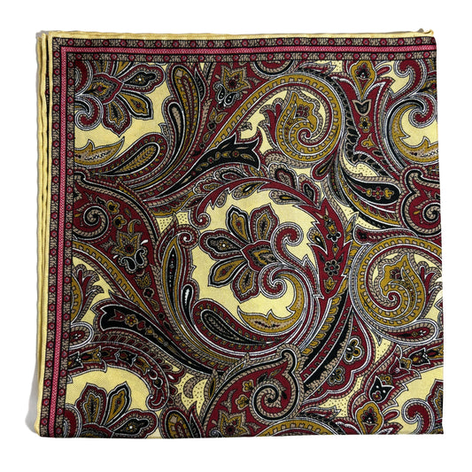 Buff Yellow & Burgundy Paisley Silk Pocket Square