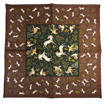 Forest Green & Brown Unicorn Motif Ancient Madder Silk Pocket Square