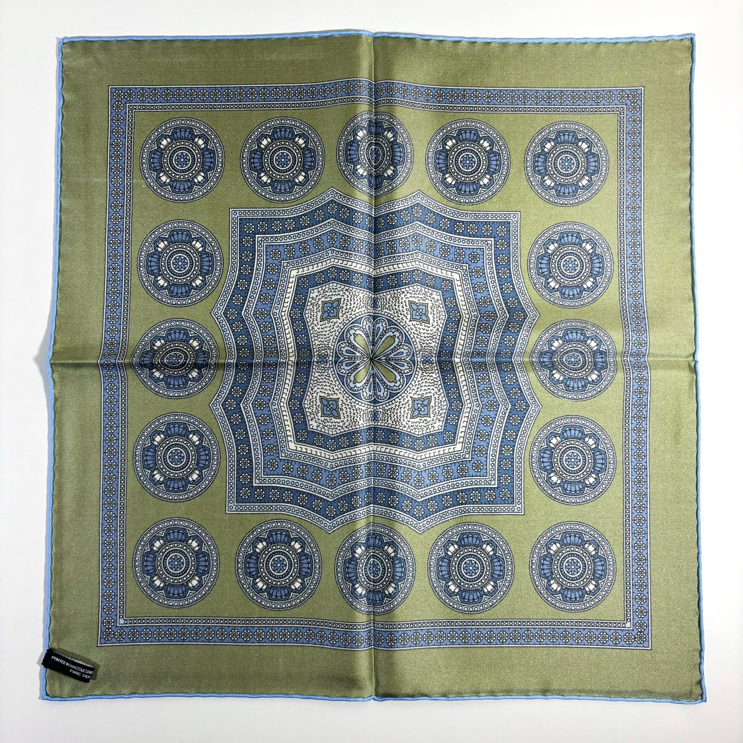 Leaf Green & Light Blue Medallion Silk Pocket Square