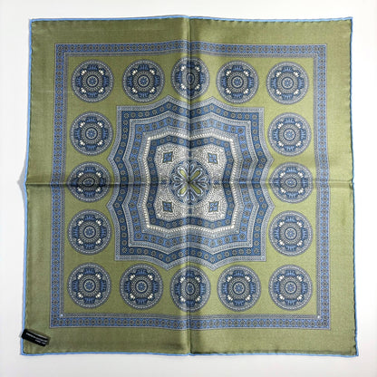 Leaf Green & Light Blue Medallion Silk Pocket Square