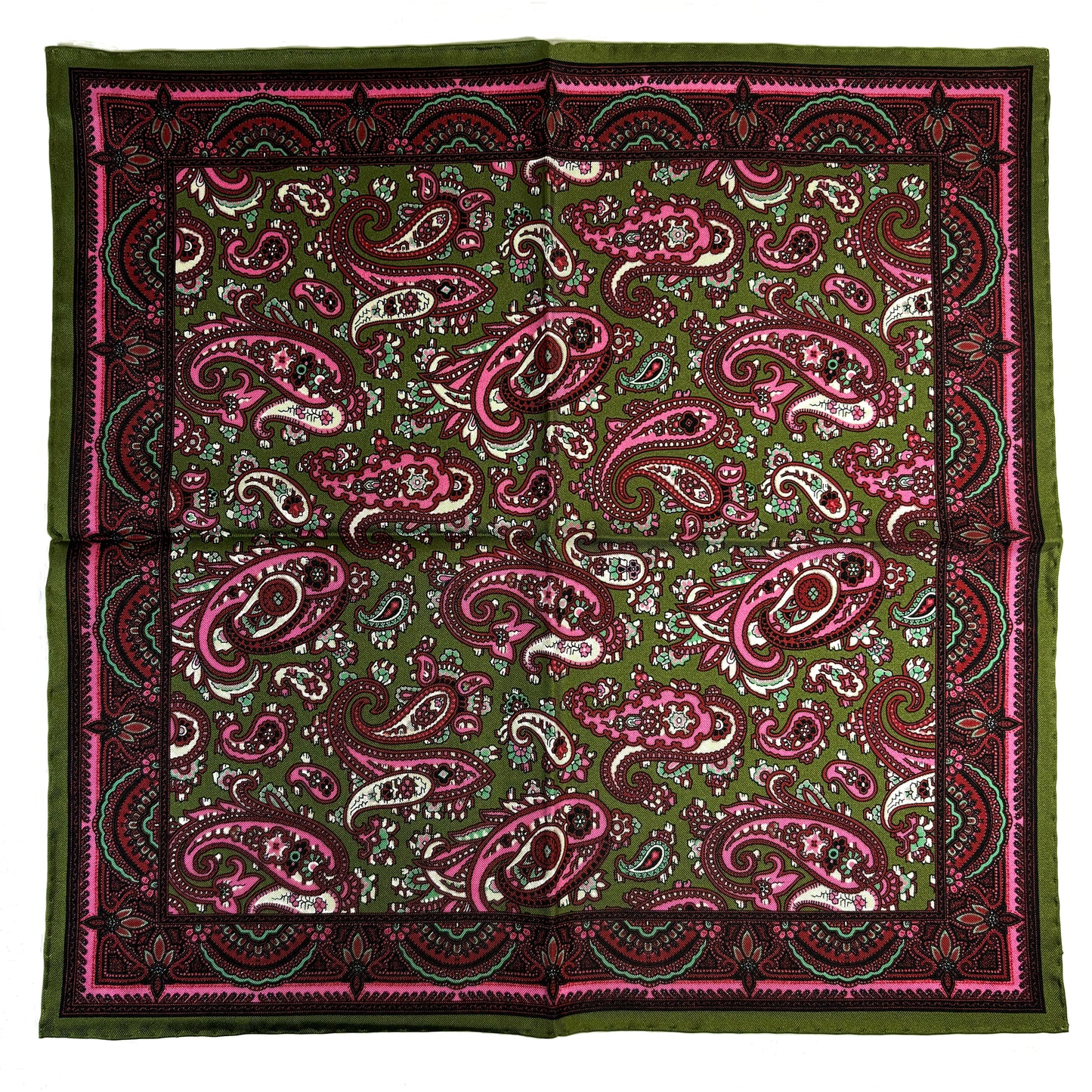 Olive Green & Pink Paisley Ancient Madder Silk Pocket Square