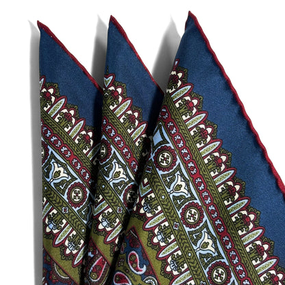 Navy Blue & Red Green Paisley Silk Pocket Square