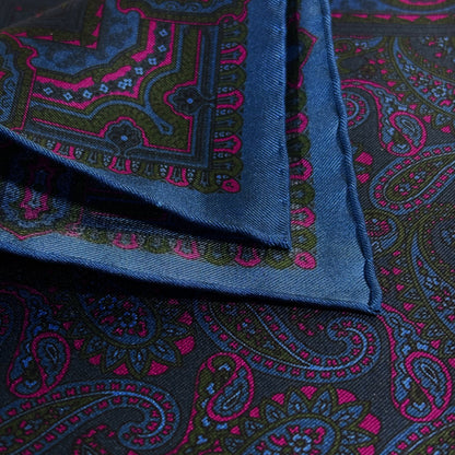 Navy Blue & Pink Paisley Ancient Madder Silk Pocket Square