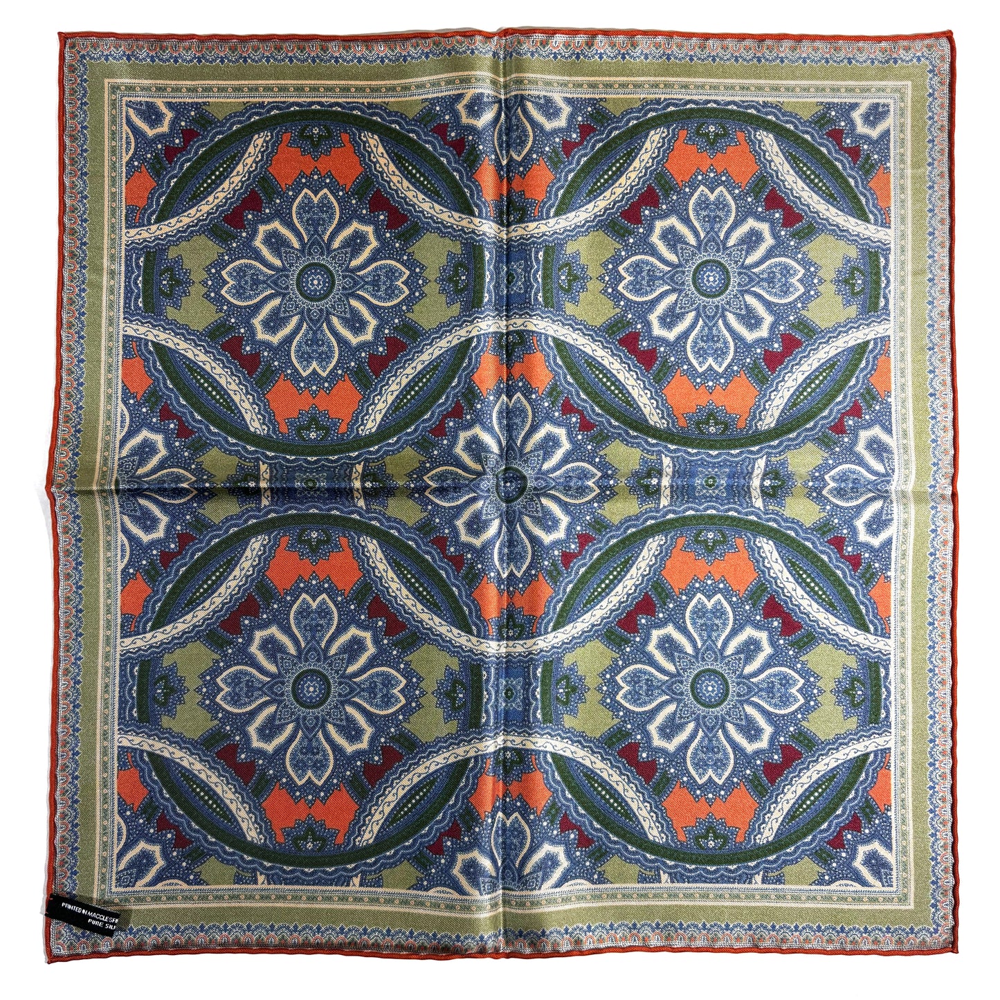 Olive Green & Orange Large Medallion Silk Pocket Square