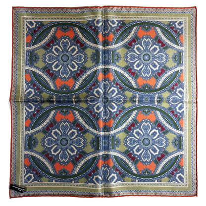 Olive Green & Orange Large Medallion Silk Pocket Square