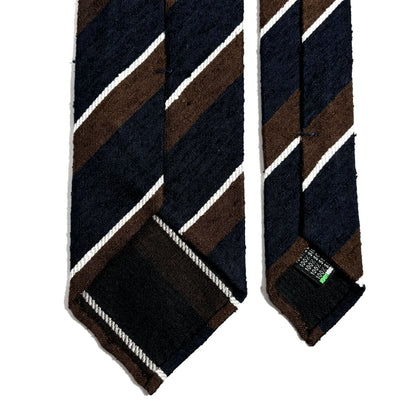 Untipped Navy Blue / Brown Striped Silk Shantung Tie