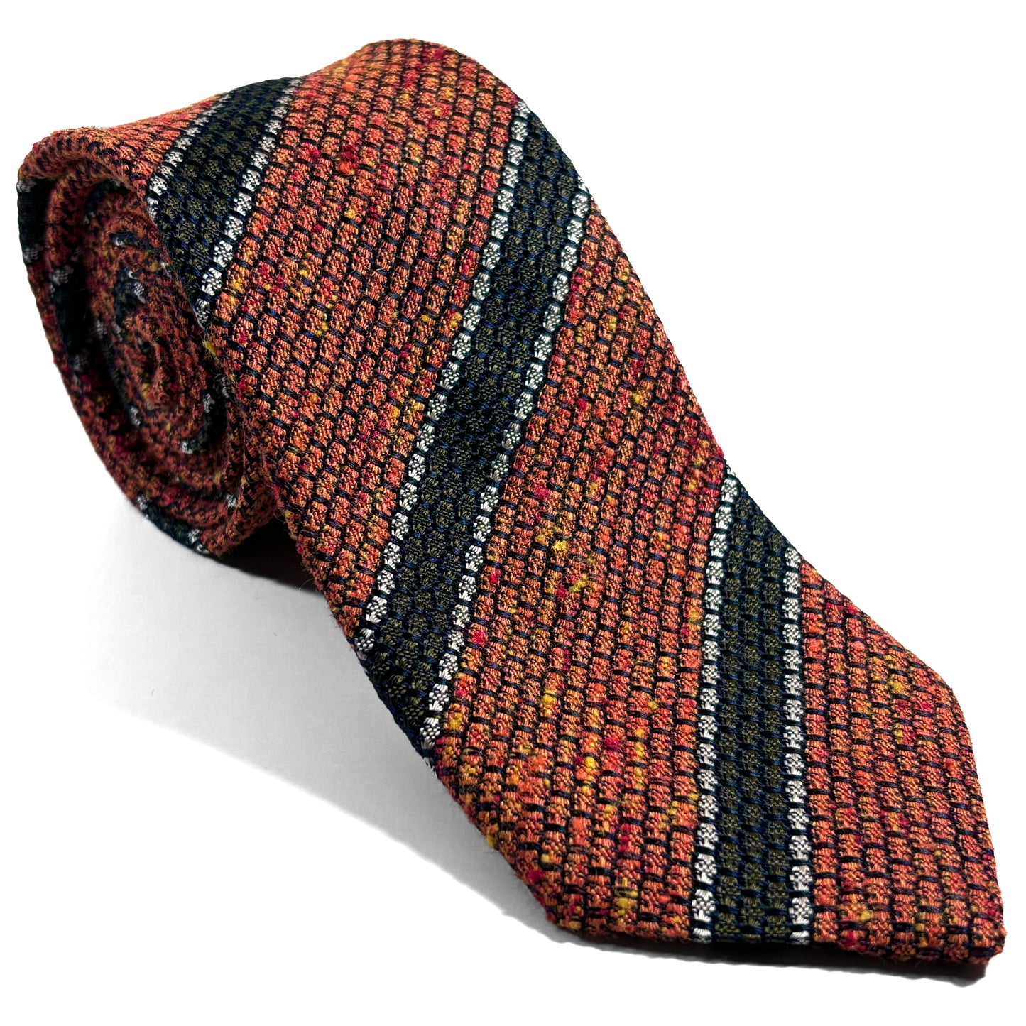 Autumn Orange & Green Striped Tussah Jaspe Silk Grenadine Tie (Garza Grossa)