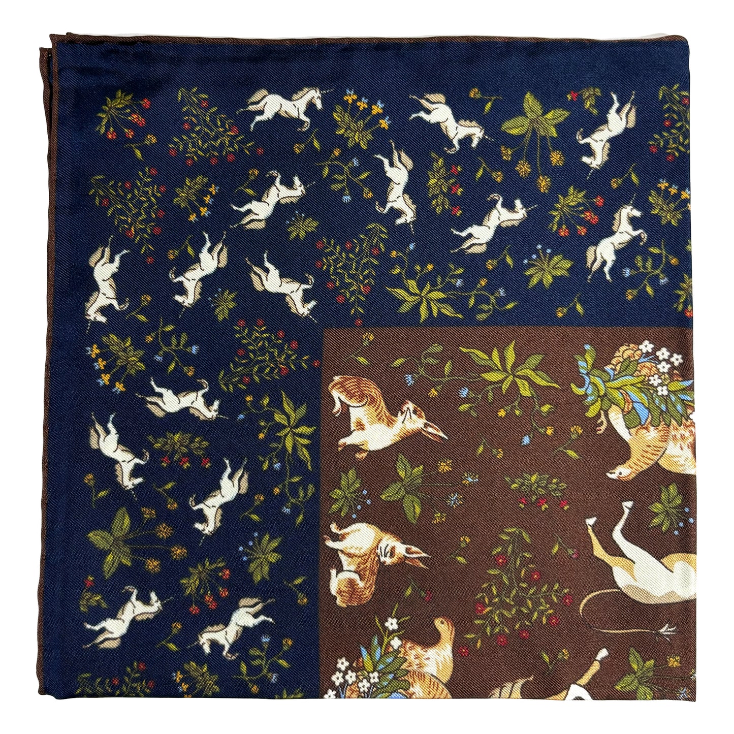 Navy Blue & Brown Unicorn Motif Ancient Madder Silk Pocket Square