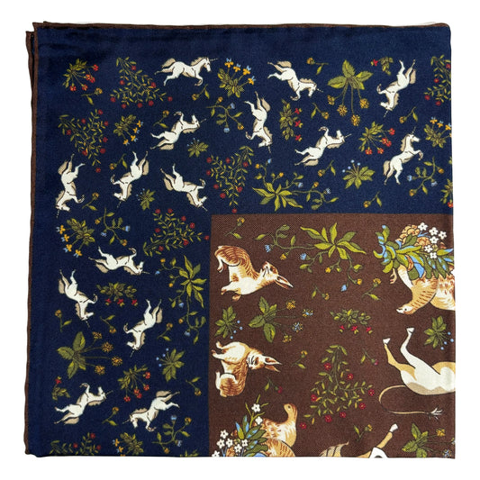 Navy Blue & Brown Unicorn Motif Ancient Madder Silk Pocket Square