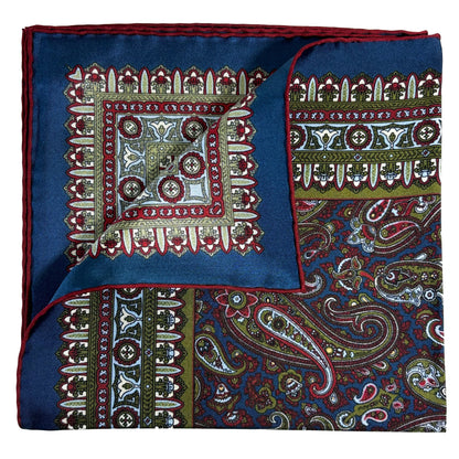 Navy Blue & Red Green Paisley Silk Pocket Square