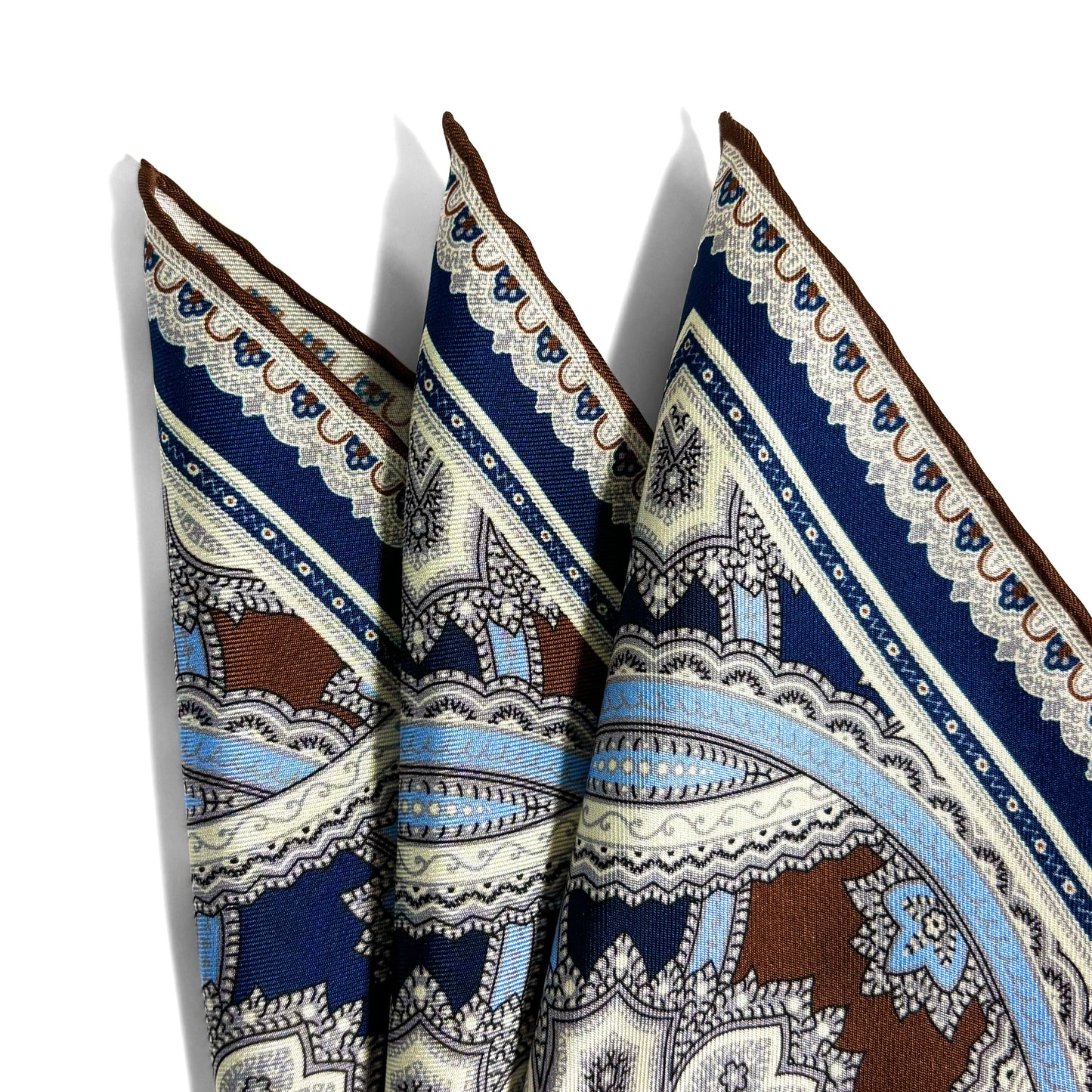 Brown & Light Blue Large Medallion Silk Pocket Square