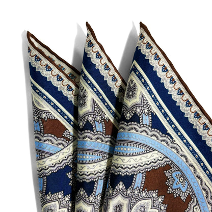 Brown & Light Blue Large Medallion Silk Pocket Square