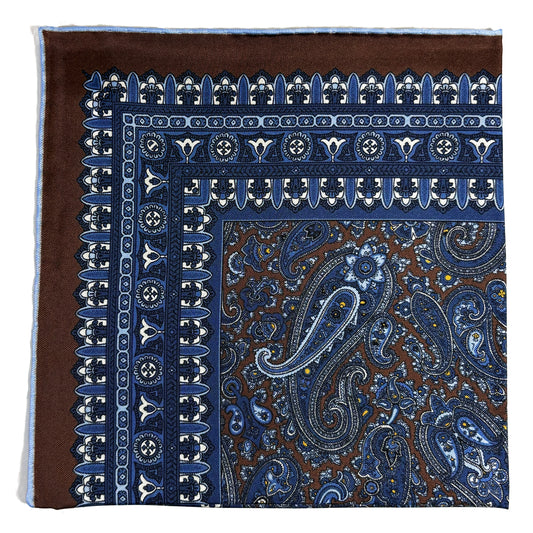 Brown & Blue Paisley Silk Pocket Square