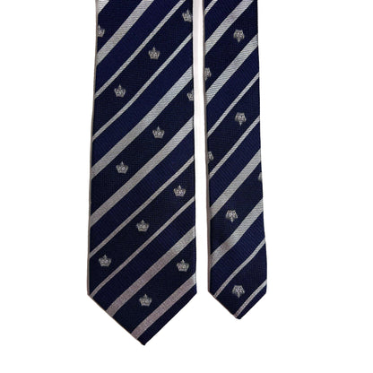 Navy Blue & Silver Regimental Stripe Jacquard Silk Tie w/ Crown Motif