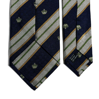 Navy Blue & Silver Striped Crown Motif Silk Jacquard Tie