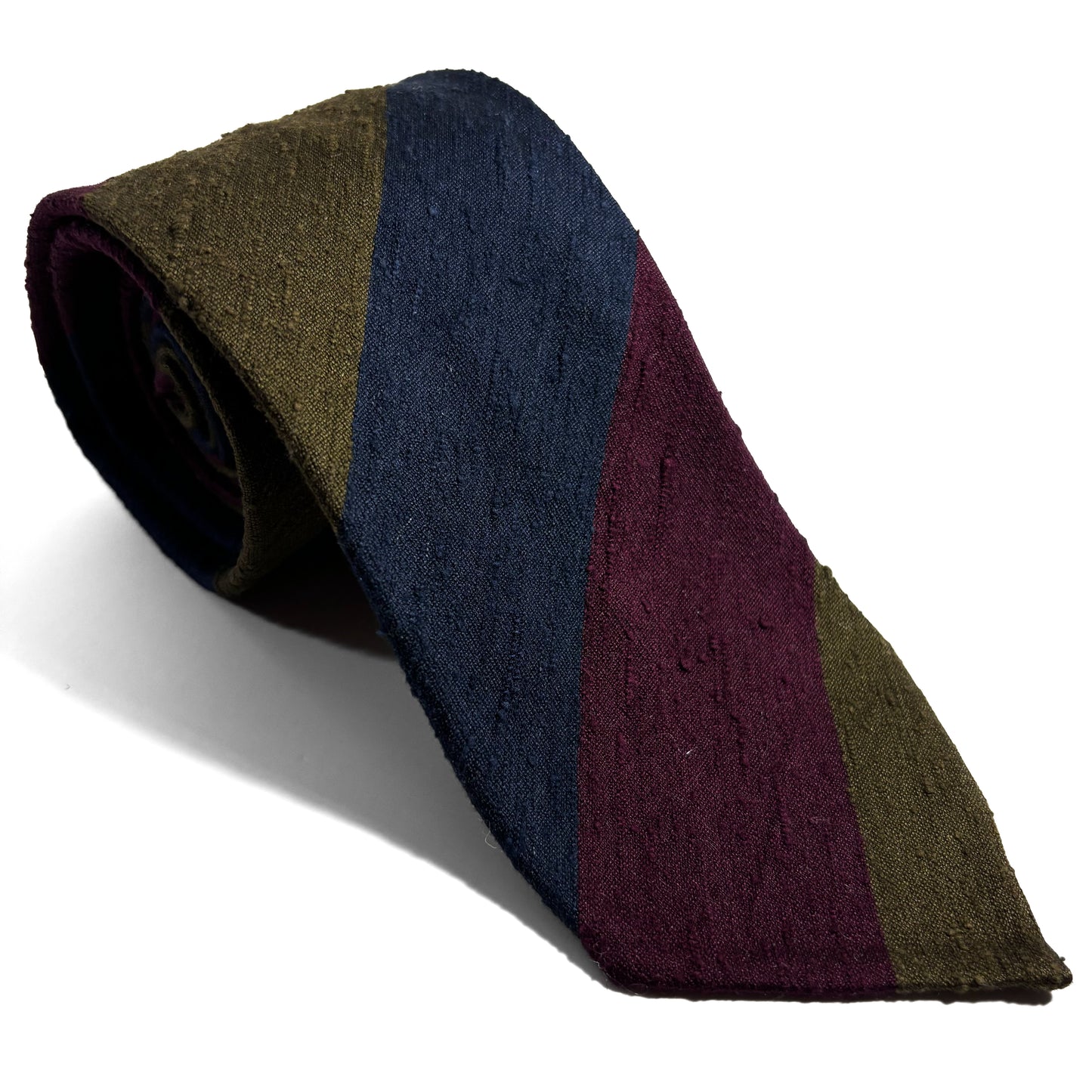 Untipped Navy Blue / Olive Green / Burgundy Block Stripe Silk Shantung Tie