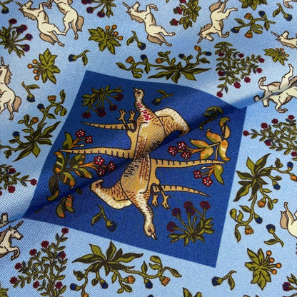 Light Blue & Blue Unicorn Motif Ancient Madder Silk Pocket Square