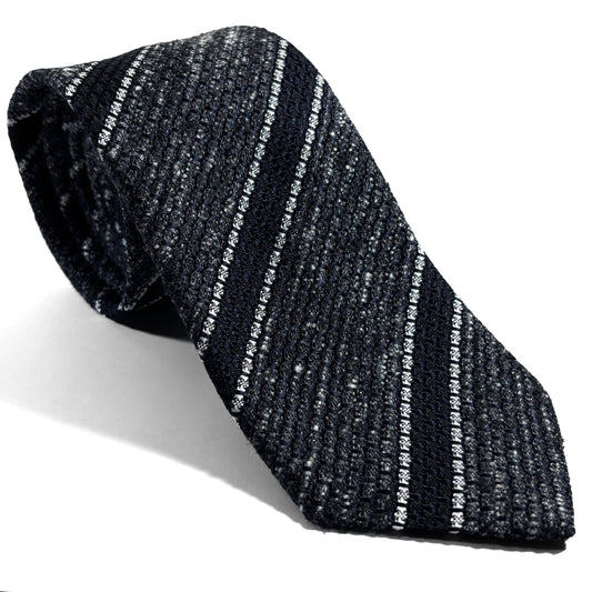 Charcoal Gray & Black Striped Tussah Jaspe Silk Grenadine Tie (Garza Grossa)