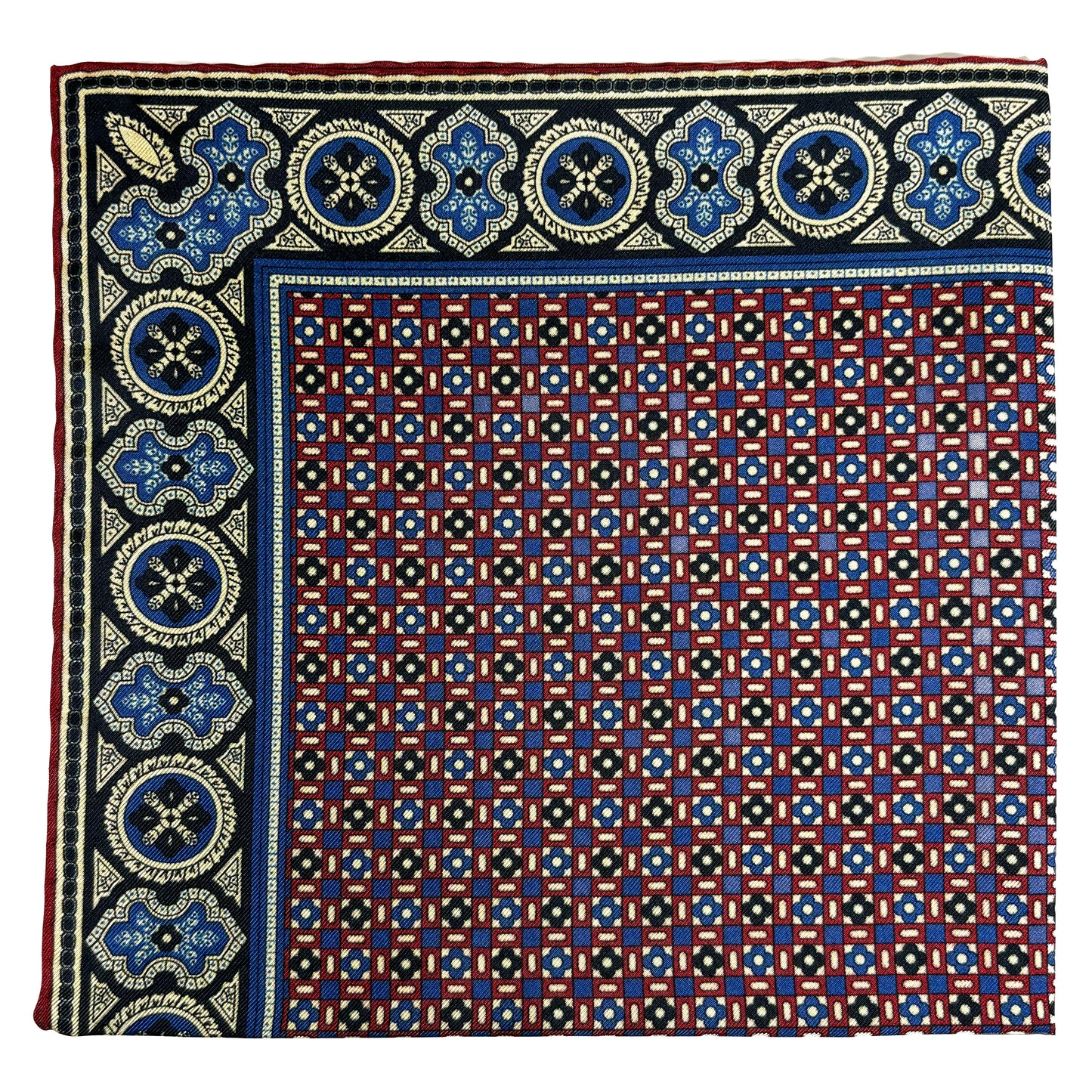Navy Blue & Cream Small Geometric Ancient Madder Silk Pocket Square