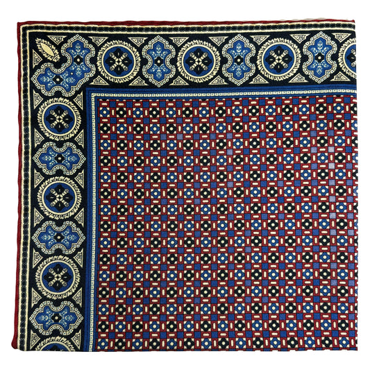 Navy Blue & Cream Small Geometric Ancient Madder Silk Pocket Square