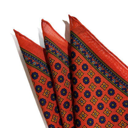 Orange - Floral - Wool/Silk Pocket Square