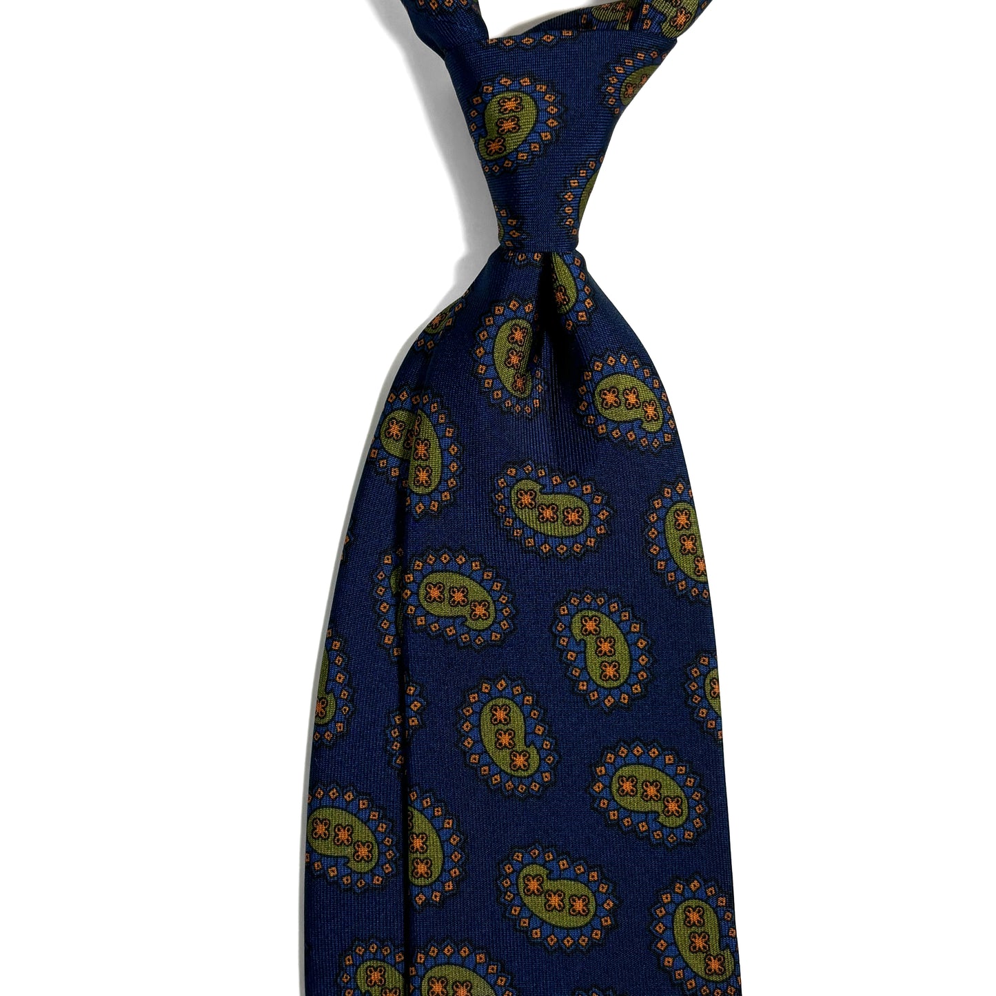 Navy Blue & Olive Paisley Printed 36oz Silk Twill Tie