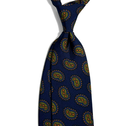 Navy Blue & Olive Paisley Printed 36oz Silk Twill Tie