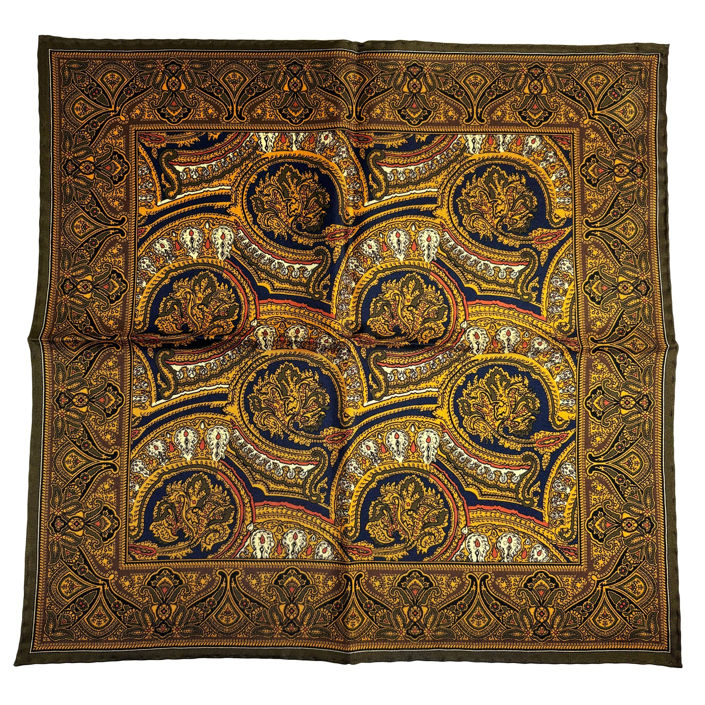 Gold & Olive Green Medallion Silk Pocket Square