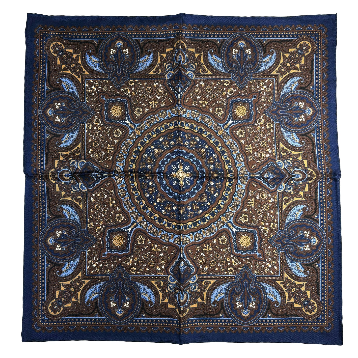 Navy Blue & Brown Floral Medallion Ancient Madder Silk Pocket Square