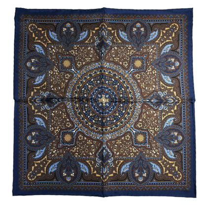 Navy Blue & Brown Floral Medallion Ancient Madder Silk Pocket Square