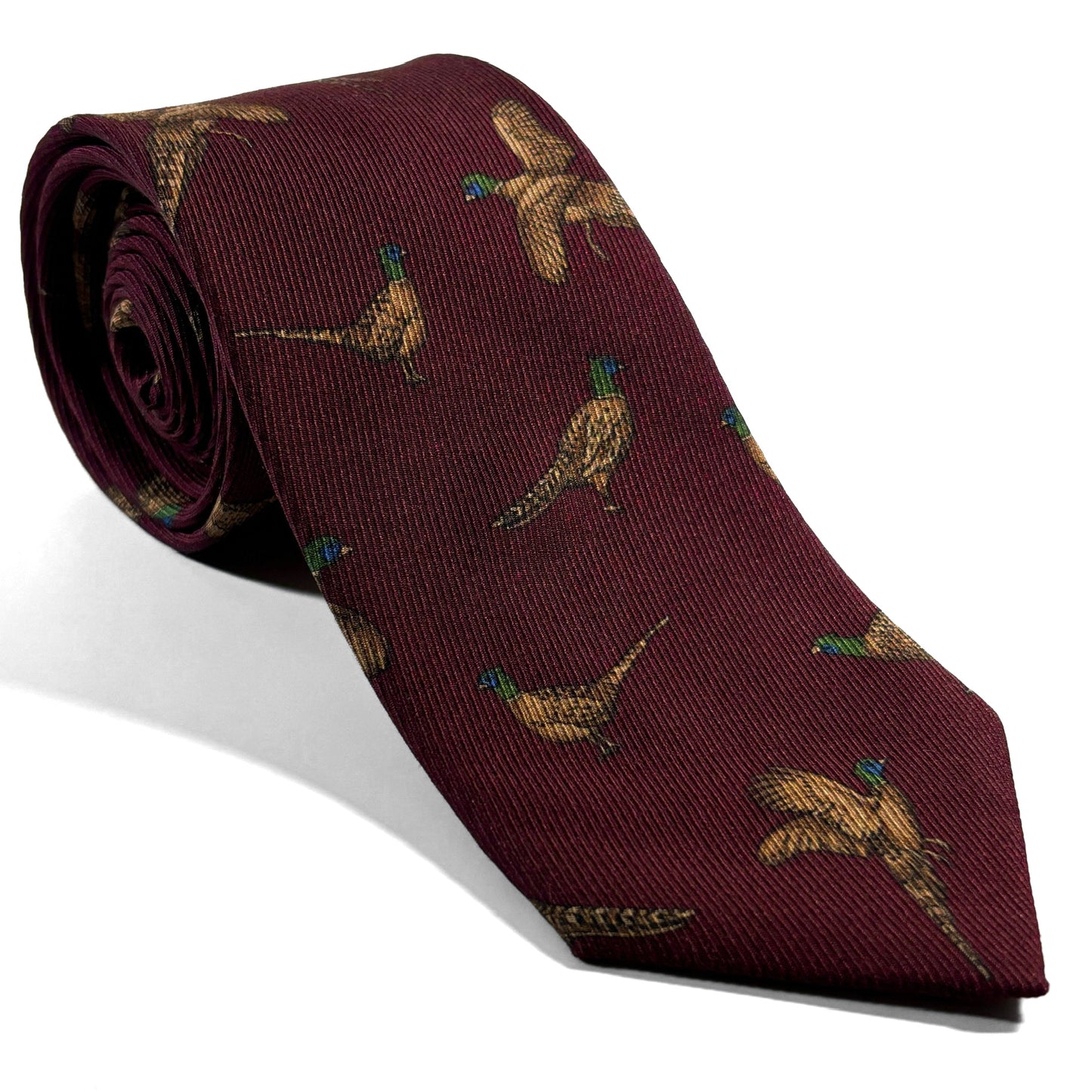 Burgundy Pheasant Print Italian Madder Silk Tie