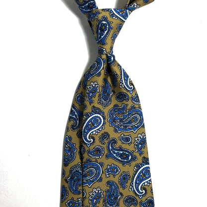 Olive Green / Blue Paisley Printed Silk Twill Tie