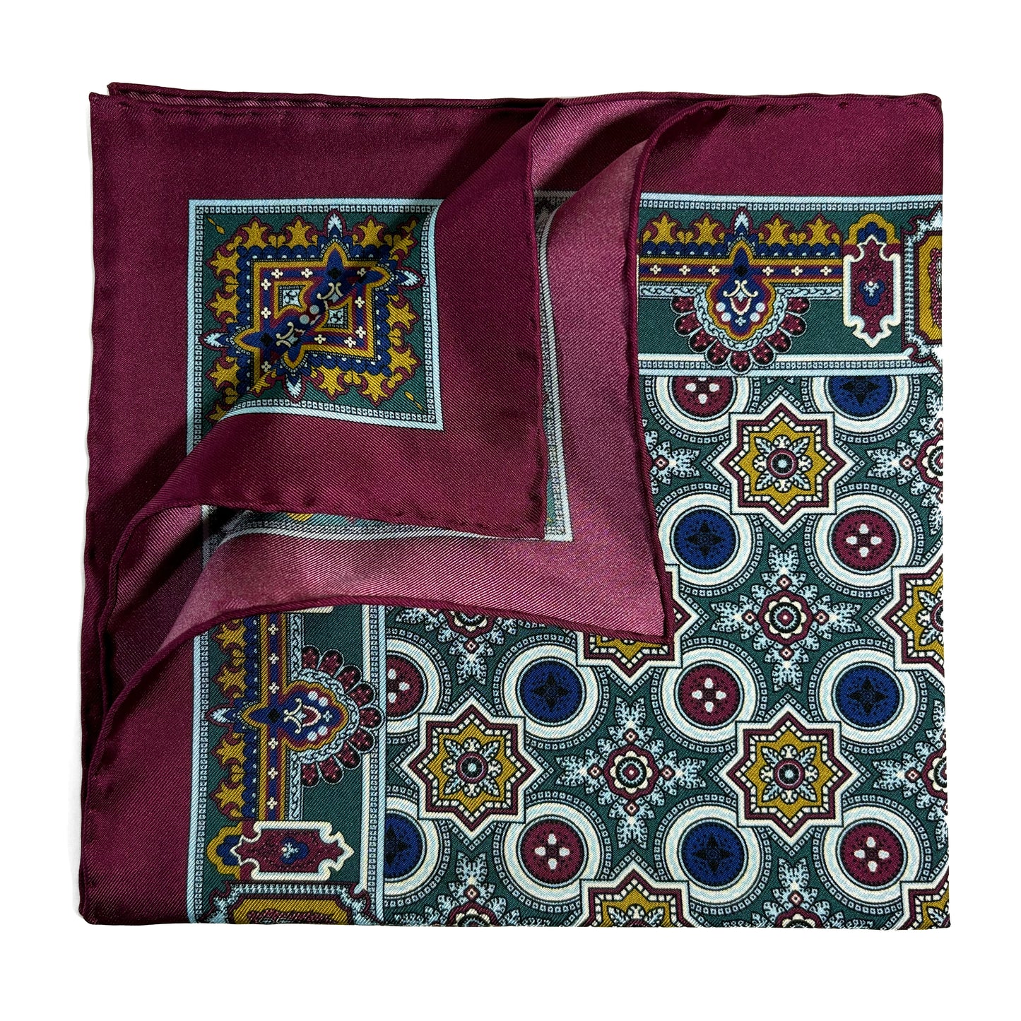 Burgundy & Green Geometric Silk Pocket Square