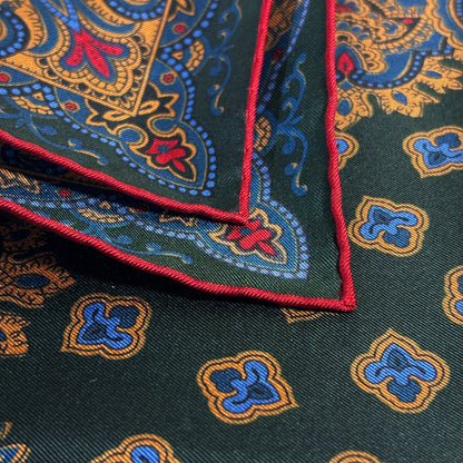 Forest Green & Orange Medallion Ancient Madder Silk Pocket Square