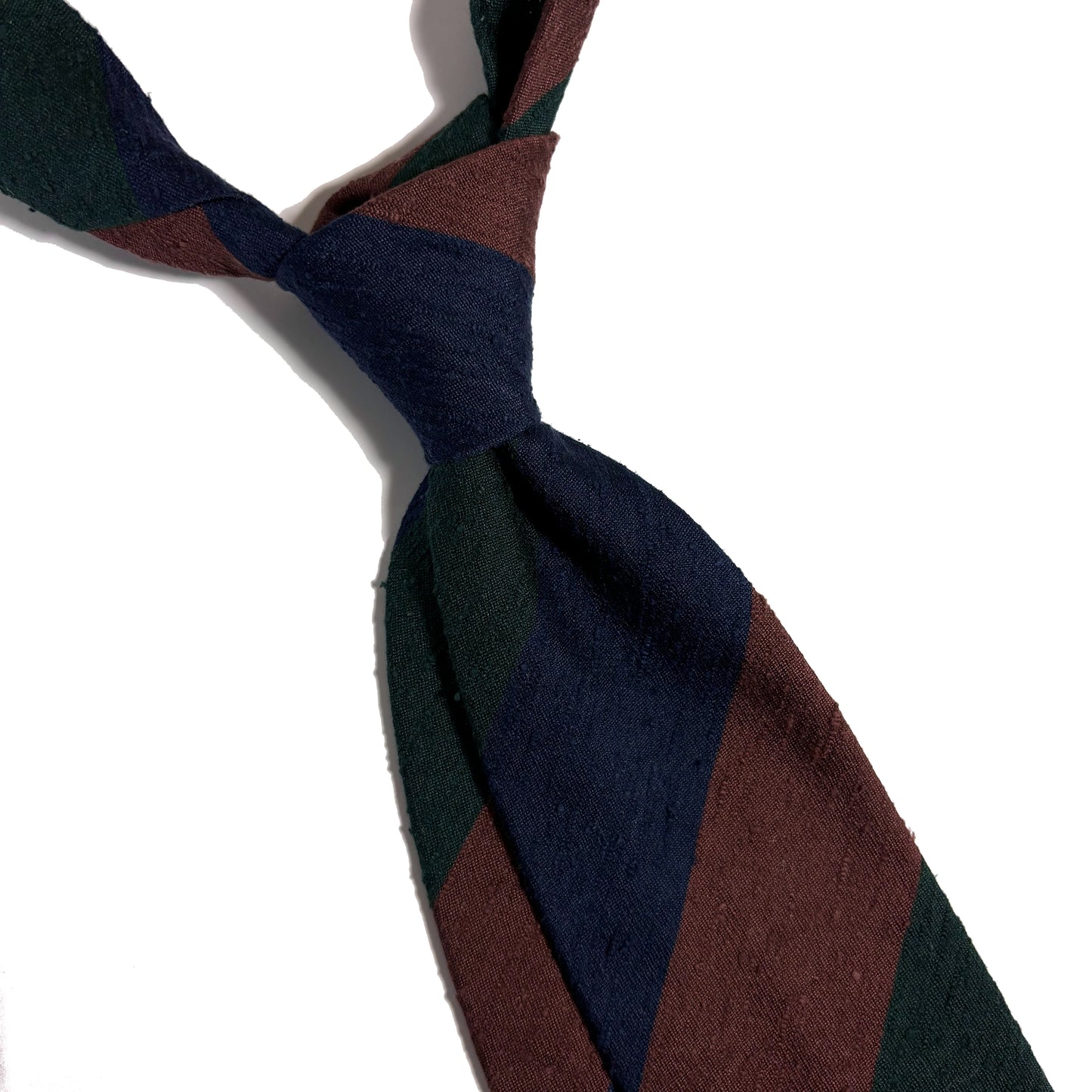 Untipped Navy Blue / Green / Brown Block Stripe Silk Shantung Tie