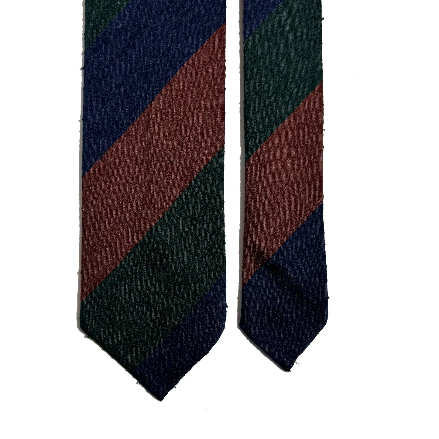 Untipped Navy Blue / Green / Brown Block Stripe Silk Shantung Tie