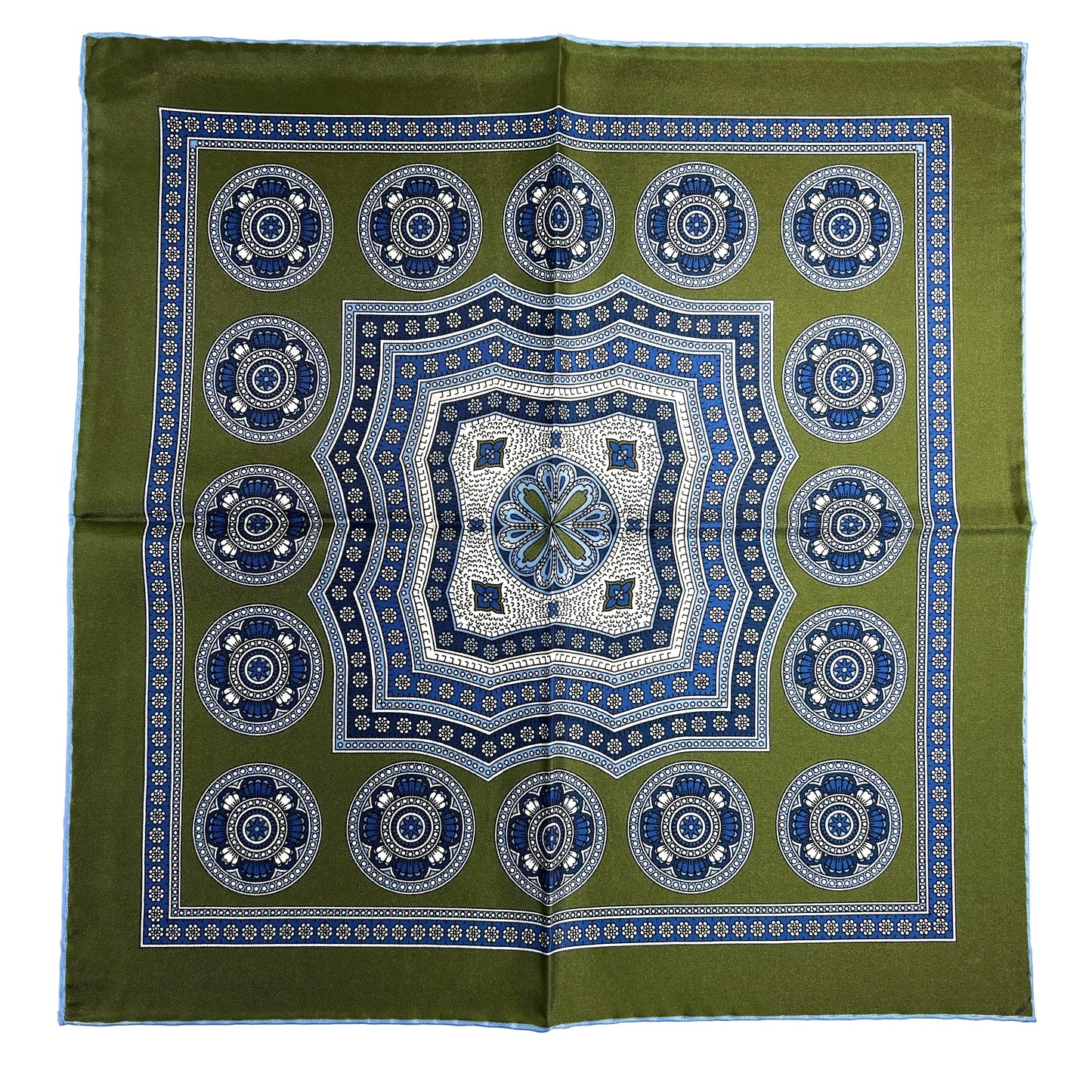 Leaf Green & Light Blue Medallion Silk Pocket Square