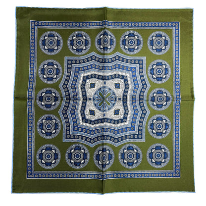 Leaf Green & Light Blue Medallion Silk Pocket Square