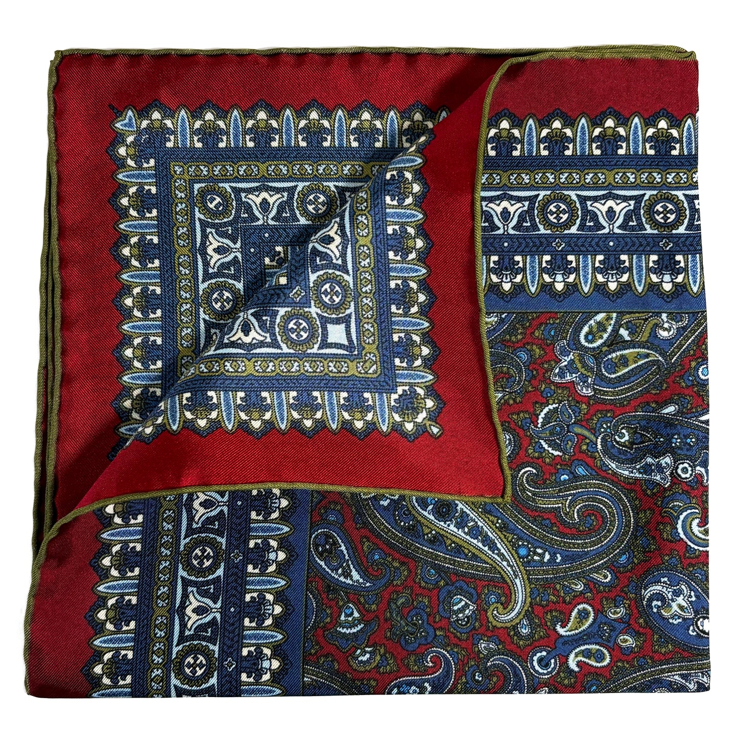 Burgundy & Olive Green Paisley Silk Pocket Square