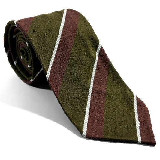 Untipped Olive Green / Brown Striped Silk Shantung Tie
