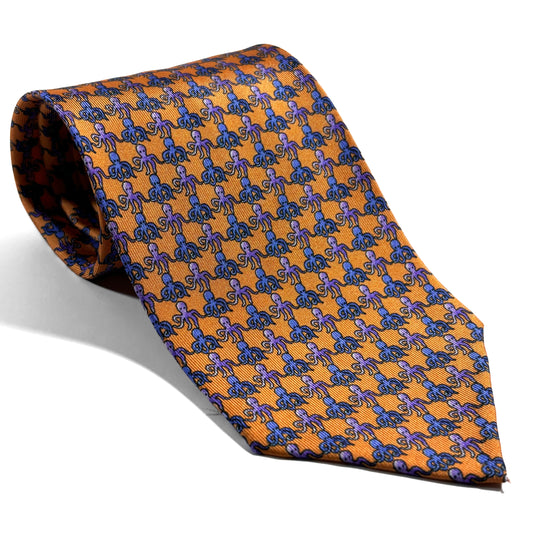 Whimsical Orange Sea Motif Untipped Printed Silk Tie