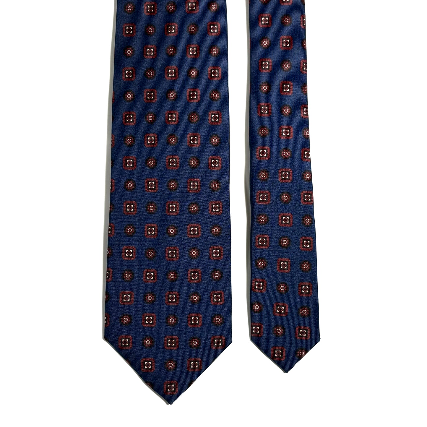 Seven Fold Navy Blue & Red Geometric Printed Silk Tie
